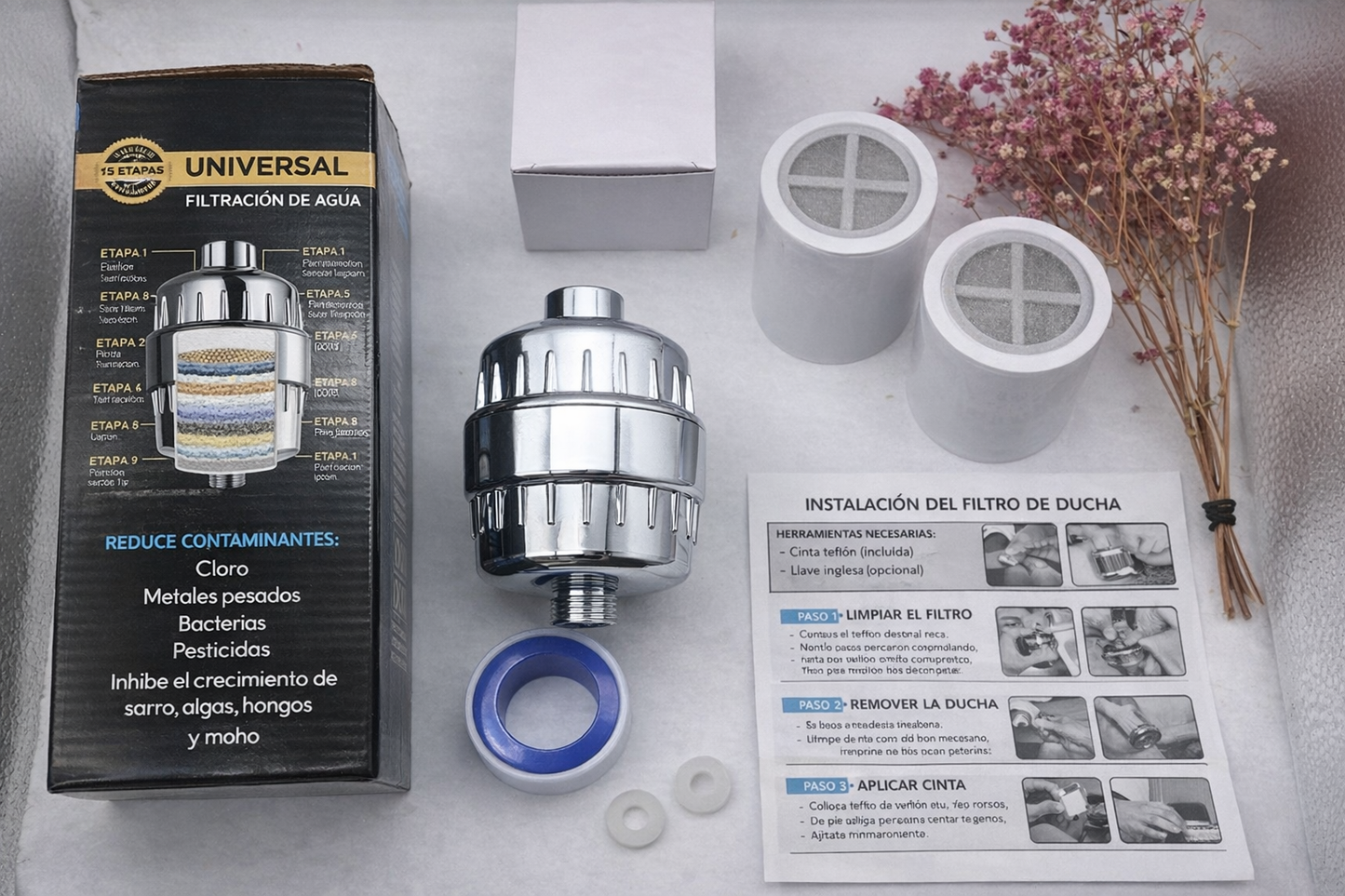 Filtro universal de 15 etapas que ayuda a reducir cloro, sedimentos e impurezas. Fácil de instalar, incluye repuestos y pagas al recibir.”