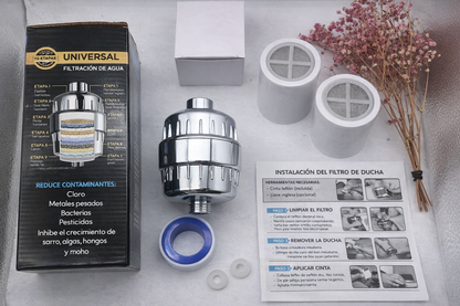 Filtro universal de 15 etapas que ayuda a reducir cloro, sedimentos e impurezas. Fácil de instalar, incluye repuestos y pagas al recibir.”