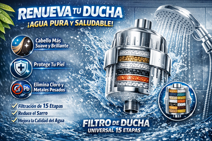 Filtro universal de 15 etapas que ayuda a reducir cloro, sedimentos e impurezas. Fácil de instalar, incluye repuestos y pagas al recibir.”